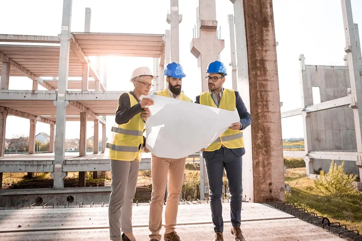 Trei specialiști în veste reflectorizante analizează planurile unei clădiri în construcție, ca etapele unui proiect liniar