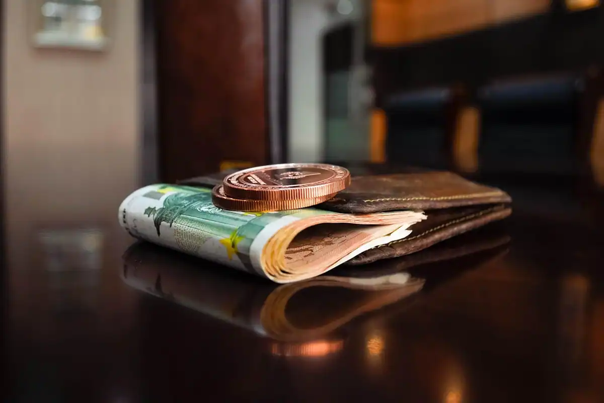 Monede și bancnote în teancuri pe o masă, simbol al resurselor financiare ale proiectului
