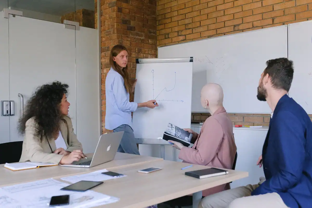 Colegi așezați la masă care ascultă o prezentare cu grafic desenat pe flipchart într-un birou luminos